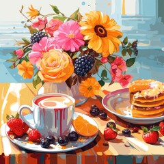 Beautiful breakfast table illustration, colorful. Hand drawn food and drink.