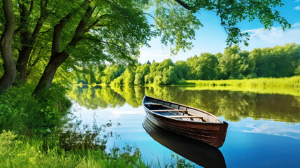 Wooden rowing boat on a calm lake	 in summer