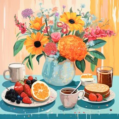 Beautiful breakfast table illustration, colorful. Hand drawn food and drink.