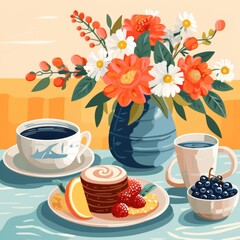 Beautiful breakfast table illustration, colorful. Hand drawn food and drink.