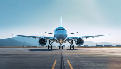 Jet plane on the blue sky background of a taxiway. Front view from eye to eye. - obrazy, fototapety, plakaty