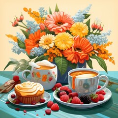 Beautiful breakfast table illustration, colorful. Hand drawn food and drink.