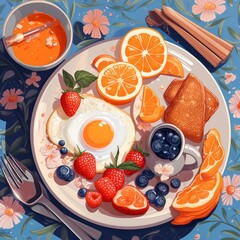 Beautiful breakfast table illustration, colorful. Hand drawn food and drink.