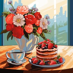 Beautiful breakfast table illustration, colorful. Hand drawn food and drink.