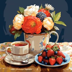 Beautiful breakfast table illustration, colorful. Hand drawn food and drink.