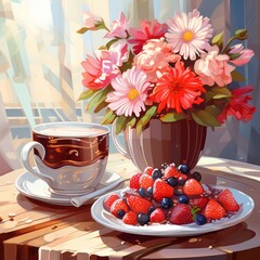 Beautiful breakfast table illustration, colorful. Hand drawn food and drink.