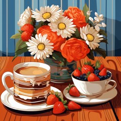Beautiful breakfast table illustration, colorful. Hand drawn food and drink.