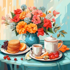 Beautiful breakfast table illustration, colorful. Hand drawn food and drink.
