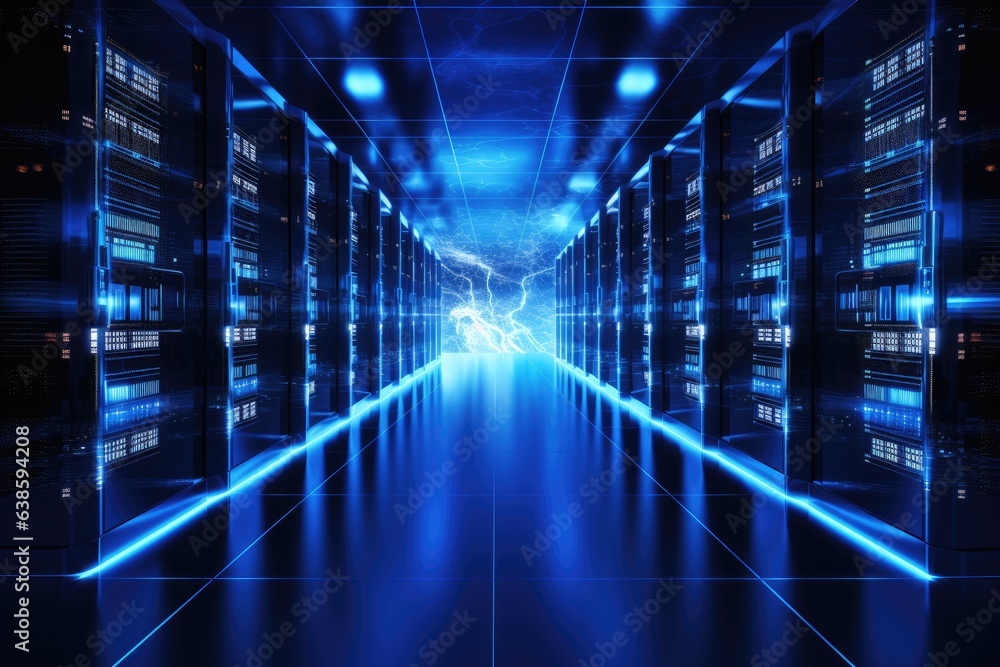 Poster server room data center with blue light rays 3d rendering for technology and science concept, big da