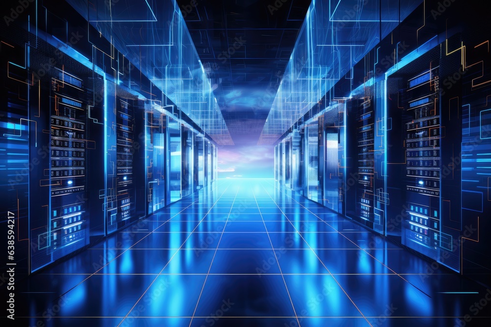 Poster server room data center hallway with blue lights and reflections. 3d rendering, big data center tech