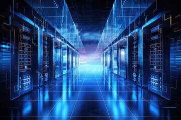 Server room data center hallway with blue lights and reflections. 3D Rendering, Big data center technology warehous with servers information digitalization Starts, AI Generated