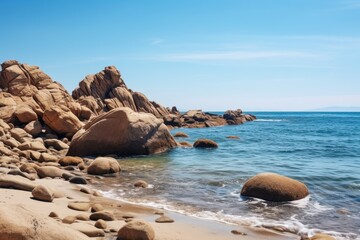 Fototapeta na wymiar Beautiful seascape with rocks on the beach and blue sky, Big rocks on the ocean landscape beach view with blue sky, AI Generated