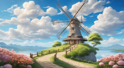 Renewable Energy Amidst Lush Green Landscape and Flowering Plants