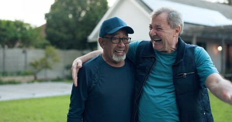Friends, fist bump and senior men together for fitness, support or celebration of cardio exercise in neighborhood street. Mature, people and wellness goals success or healthy workout or teamwork hug