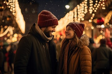 young couple by the christmas market
