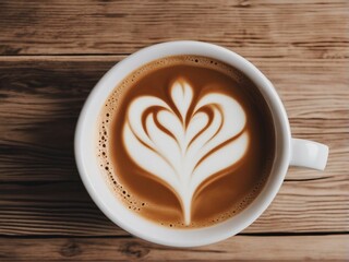 Obraz premium A overhead view of a cappuccino topped with foam art in a white ceramic mug on a wooden table. 