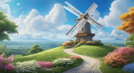 Renewable Energy Amidst Lush Green Landscape and Flowering Plants