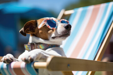 Jack russell terrier dog with sunglasses sunbathing on sun lounger. Generative AI