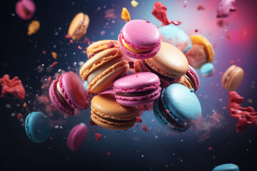 Obraz na płótnie Canvas Macaroons in motion falling. Sweet colorful french macaroons levitation in the air. Generative AI