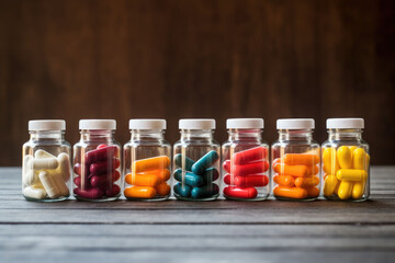 Various medical capsules and tablets in jars. Biologically active additives. Generative AI