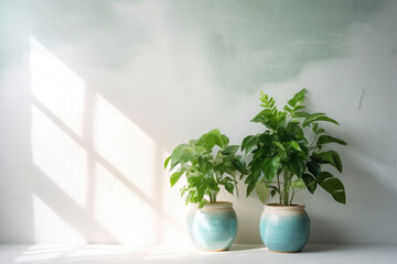 Potted green plants with white wall on the background. Sun rays. Houseplants. Generative AI