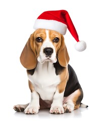 beagle dog with santa hat  isolated on white background.