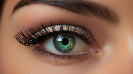 Obraz premium Close up of a womans eye with dramatic false lashes, black eyeliner and eyeshadow. AI generated