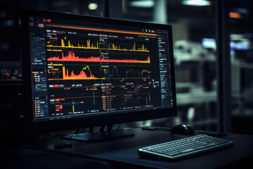 Data science. Scientist computing, analysing and visualizing complex data set on computer. AI generated