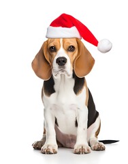 beagle dog with christmas hat looking at camera  isolated on white background