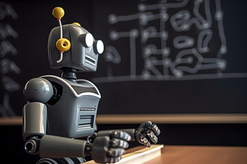 Funny humanoid robot sits at school desk against blackboard with equations. Learning concept.