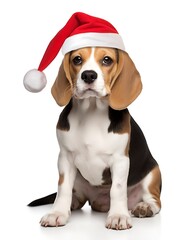 Beagle dog wearing christmas hat, isolated on white background.