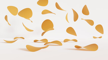 Falling potato chips on a white background. 3D visualization.