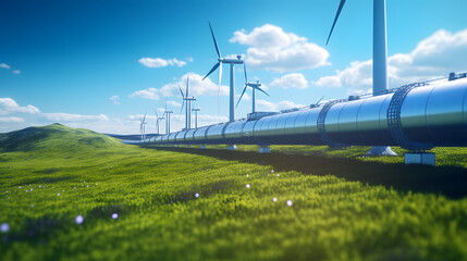 A hydrogen pipeline with wind turbines and in the background. Green hydrogen production concept