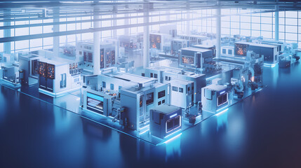 A semiconductor fabrication plant. A modern clean and organized DX age production factory. DX industry 4.0 concept. generative