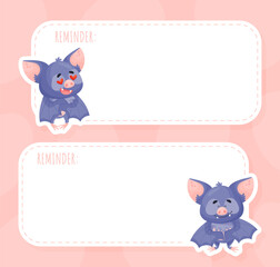 Note Card with Funny Purple Bat Character Vector Template