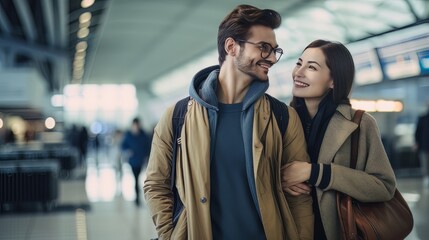 Portrait of elegant happy couple man and woman standing together on the territory of the airport AI