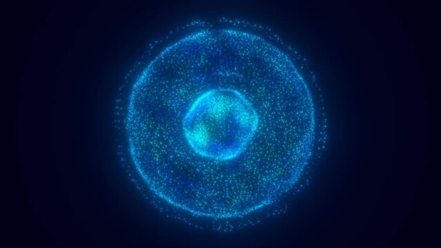 Blue energy glowing sphere futuristic atom from particles and energy waves background