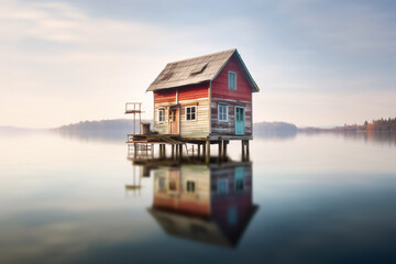 Fototapeta premium Beautiful sunrise over a lake with wooden house.