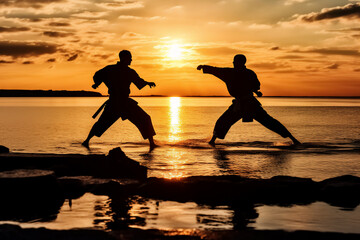 Silhouette of two fighters training on the beach at sunset.