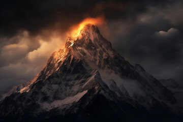 sunset over the mountains and dark cloud.