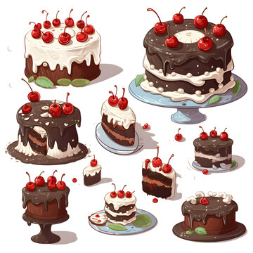 Set of vector illustrations of chocolate cakes with cherries and cream.
