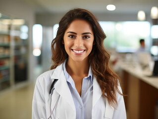 Obraz premium Portrait of friendly female doctor in workwear with stethoscope on neck