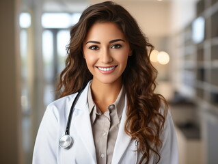 Portrait of friendly female doctor in workwear with stethoscope on neck