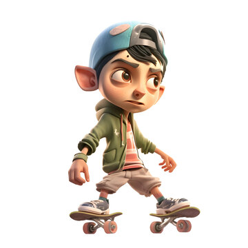 3d rendering of a cute boy riding a skateboard isolated on white background