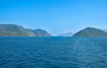 View of Marmaris harbor on Turkish Riviera. Marmaris is a port city and popular tourist resort on the Mediterranean coast in Mugla Province, Turkey.