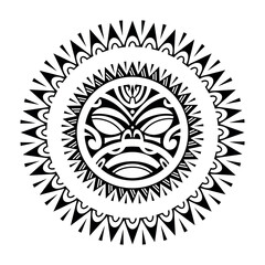 Round tattoo ornament with sun face maori style. African, aztecs or mayan ethnic mask. Black and white.
