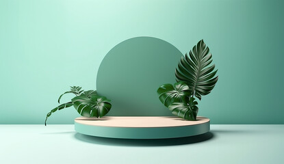 Tropical leaves and 3d podium with green background