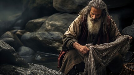 Apostle Peter cleaning his Christian fishing net