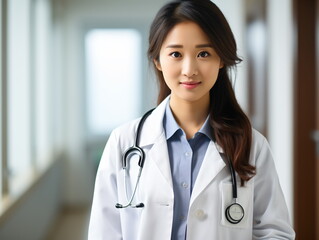 Portrait of friendly female doctor in workwear with stethoscope on neck