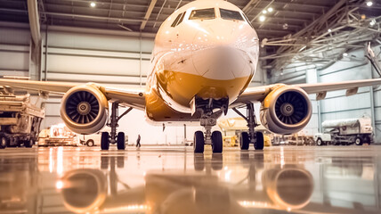 Passenger aircraft in the hangar. Aircraft maintenance, aircraft repair concept.

